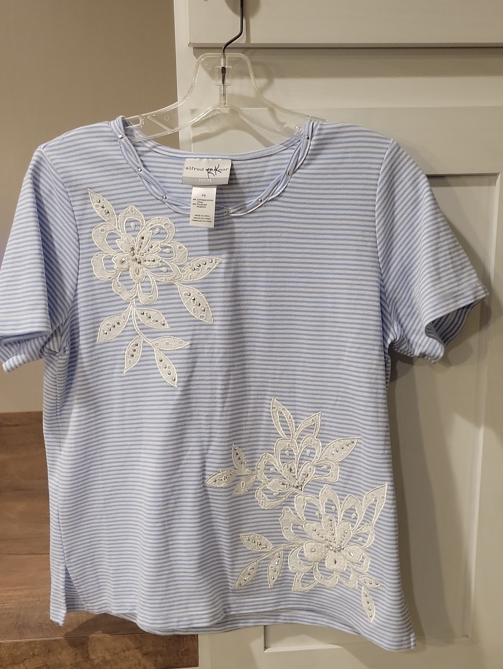 Alfred Dunner Blue & White Striped Short Sleeve Tee with White Floral Appliqué